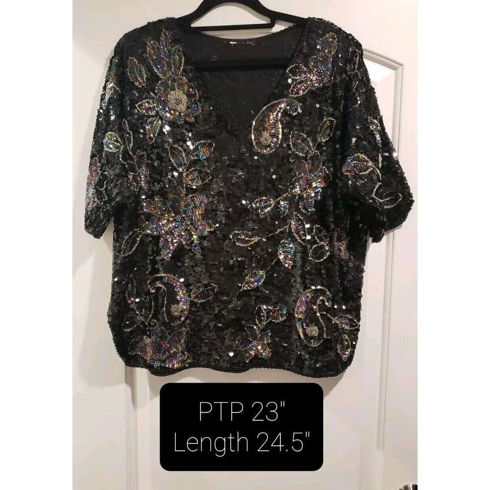 VINTAGE! Unbranded Black All-over Beaded Sequin Blouse Floral Paisley Size 42